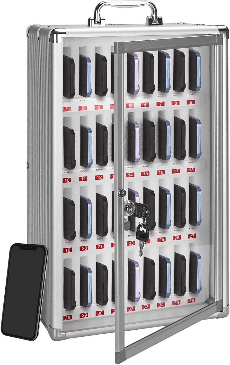 36-Slot Cell Phone Locker with Lock & Key, Heavy Duty Aluminum & Acrylic Cell Phone Storage for Classroom, Office, Retail – Wall Mount Secure Cell Phone Holder, Lock Box, Phone Jail (Silver)