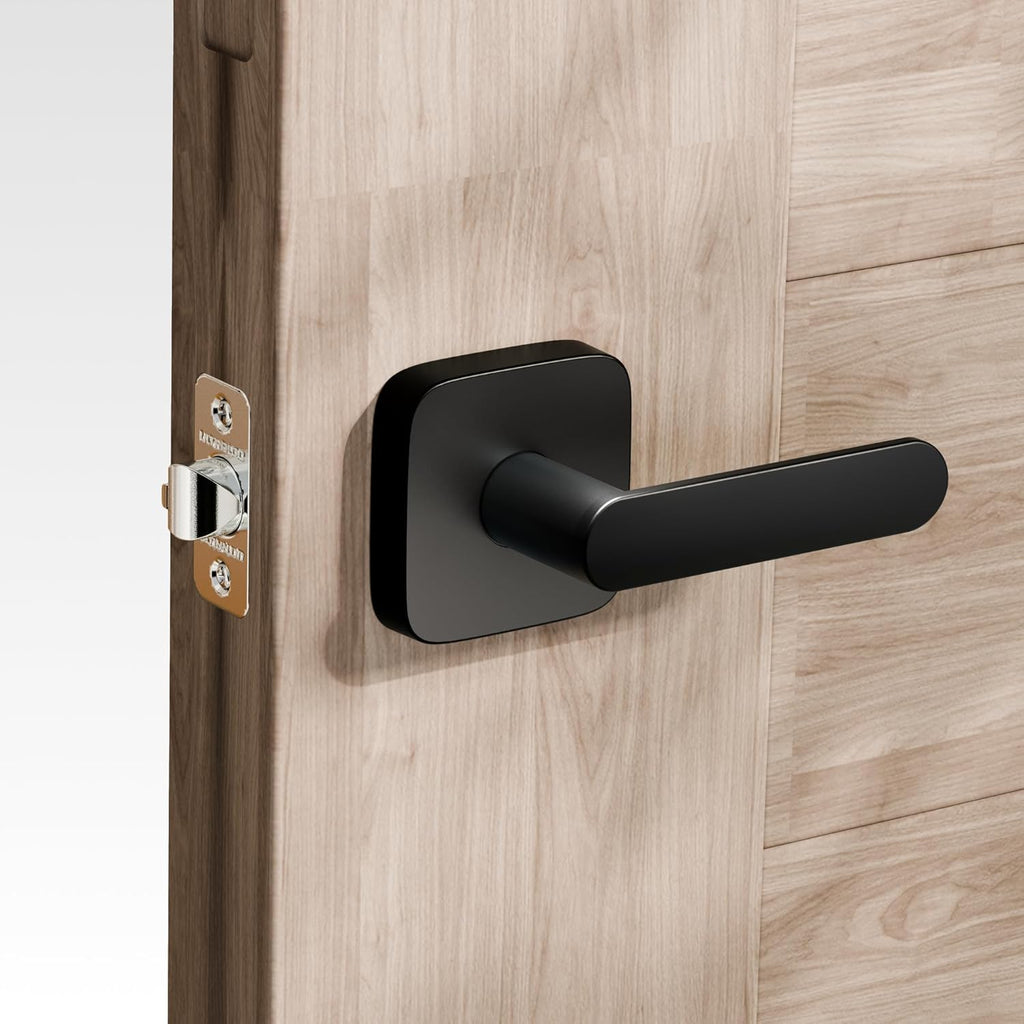 ULTRALOQ Passage Lever Door Handle, Reversible Black Front Door Handle No Lock for Interior or Exterior Door, Closet, Hallway, Adjustable Latch Backset, IP65 Waterproof, Matte Black