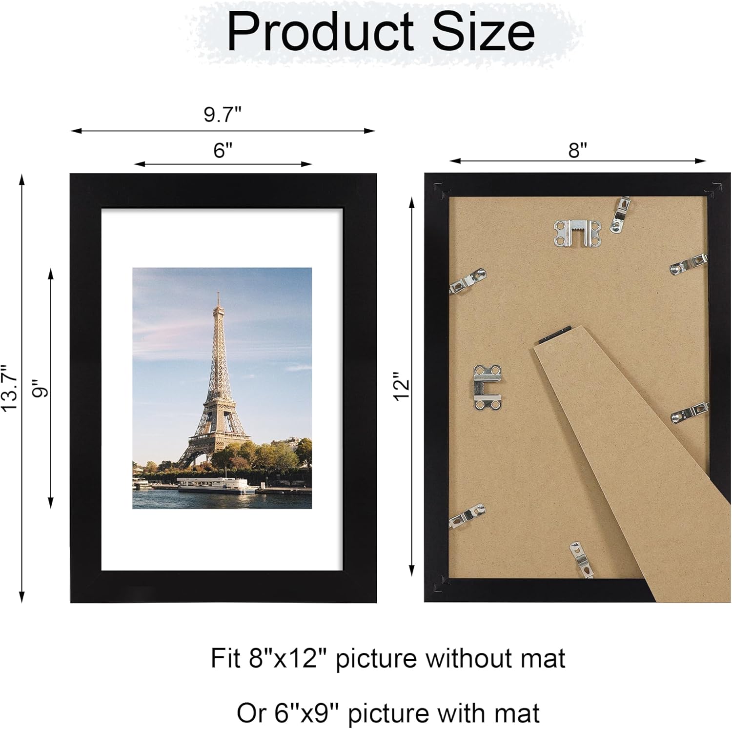 iRahmen 8x12 Picture Frame with HD Tempered Glass, Display Pictures 6x9 with Mat or 8 x 12 Without Mat, Wood Photo Frames for Tabletop and Wall Mount (Black, 1 Pack)
