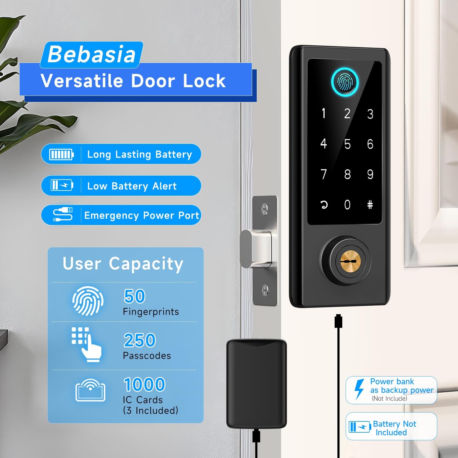 BEBASIA Fingerprint Door Lock for Front Door with Handle Set, App Control, Smart Keyless Entry Digital Electronic Keypad Touchscreen Deadbolt, Easy Install, Auto Lock, Black