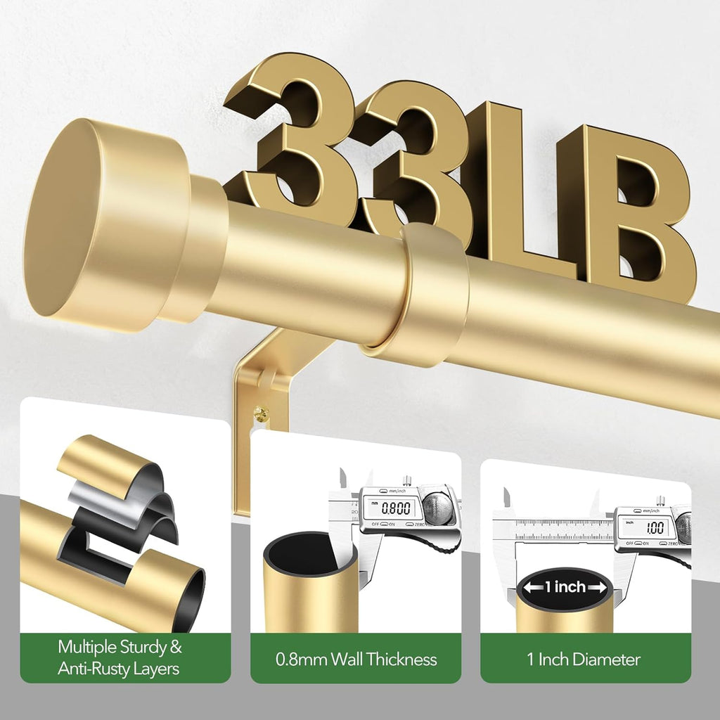 Curtain Rods for Windows 72 to 144, 1 Inch Adjustable Gold Heavy Duty Long Window Curtain Rod with End Caps, Modern Style Indoor Outdoor Drapery Rods for Patio Bedroom, Size 32" - 150"
