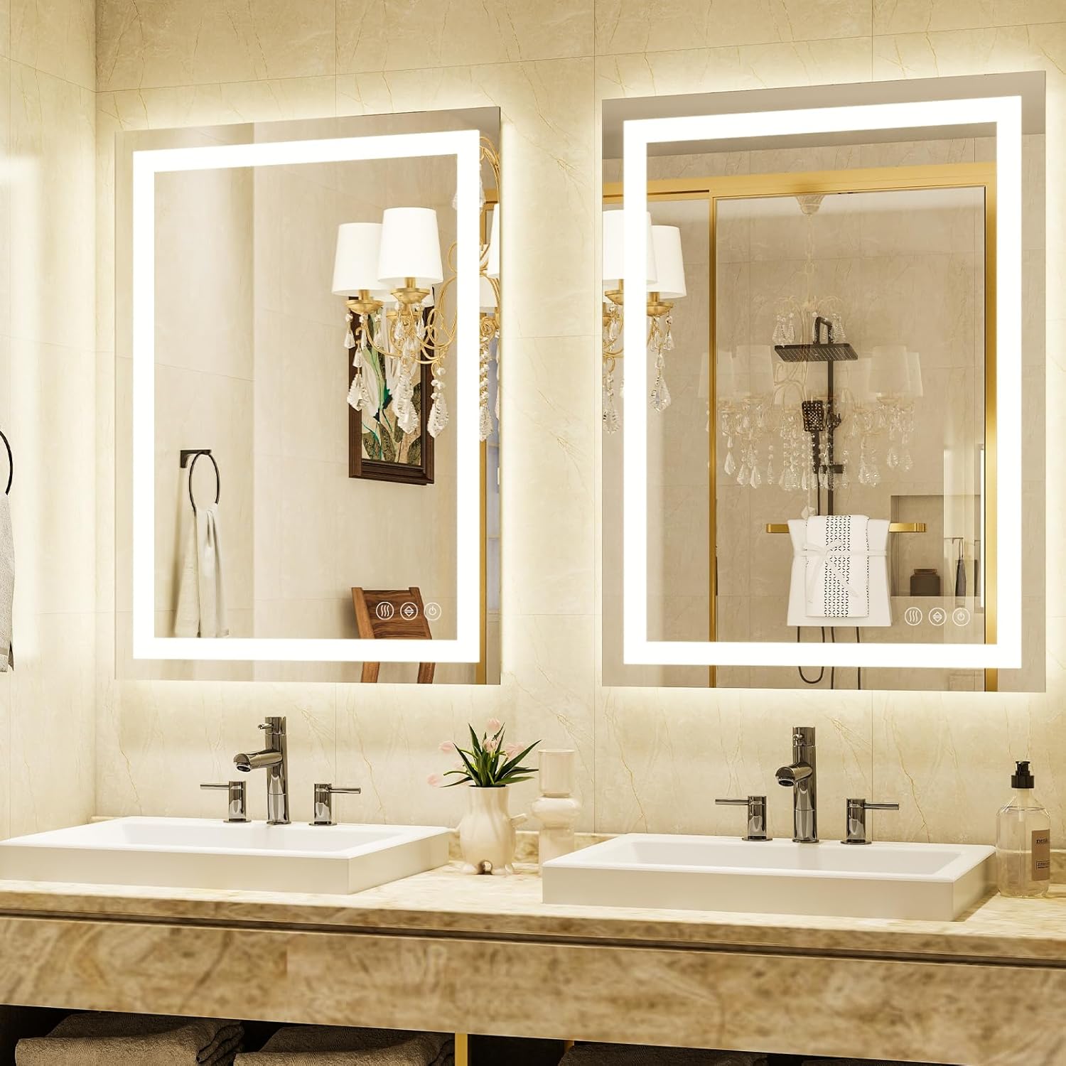 32'' x 24'' LED Bathroom Mirror with Lights, Wall Mirror with Front and Backlight, 3 Colors Vanity Mirror with Lights, Anti-Fog Wall Mirror for Bathroom