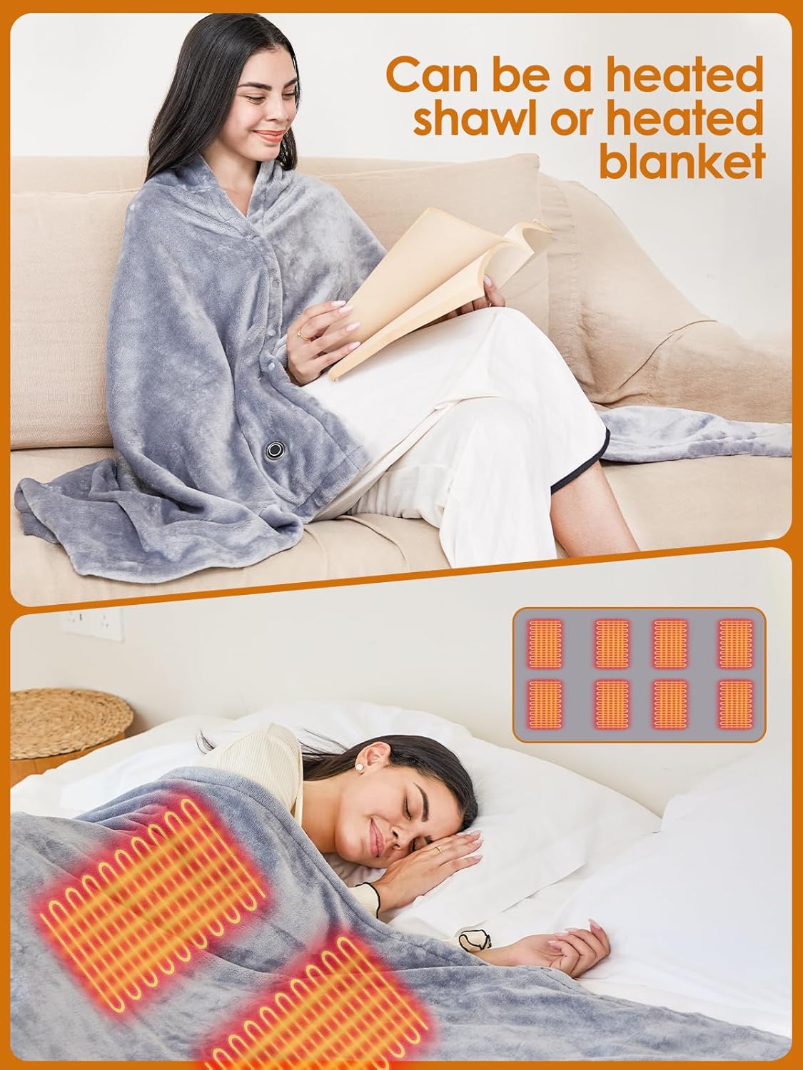USB Heated Electric Blanket,with 10000mAh Power Bank,Cordless Portable Wearable Heated Throw Blanket,3 Heating Levels,8 Heating Zones,65''*34'' for Home,Travel and Camping