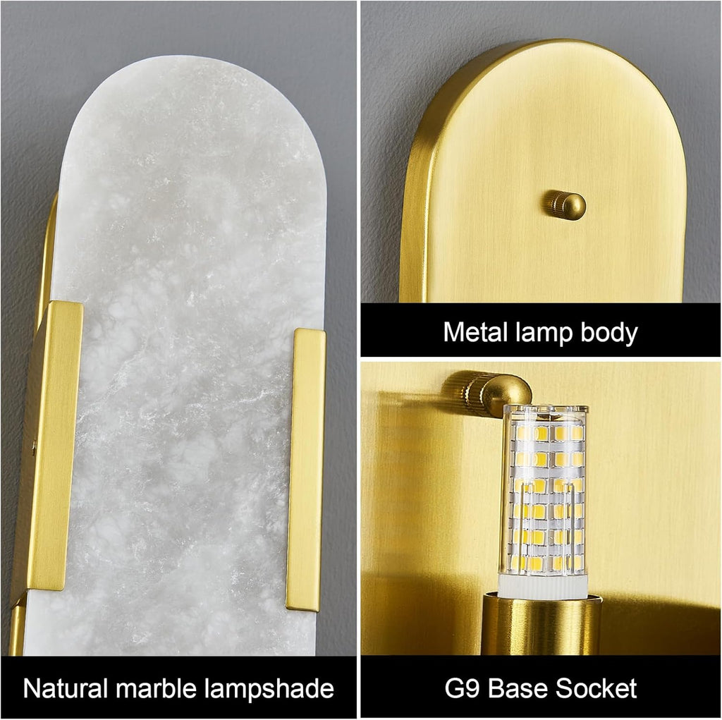 Brass Alabaster Wall Sconce, Modern Natural Marble Wall Sconces for Indoor Lighting, 13.8 in Gold Wall Lights for Bathroom Dining Room Stairs Bedroom (1-Pack)