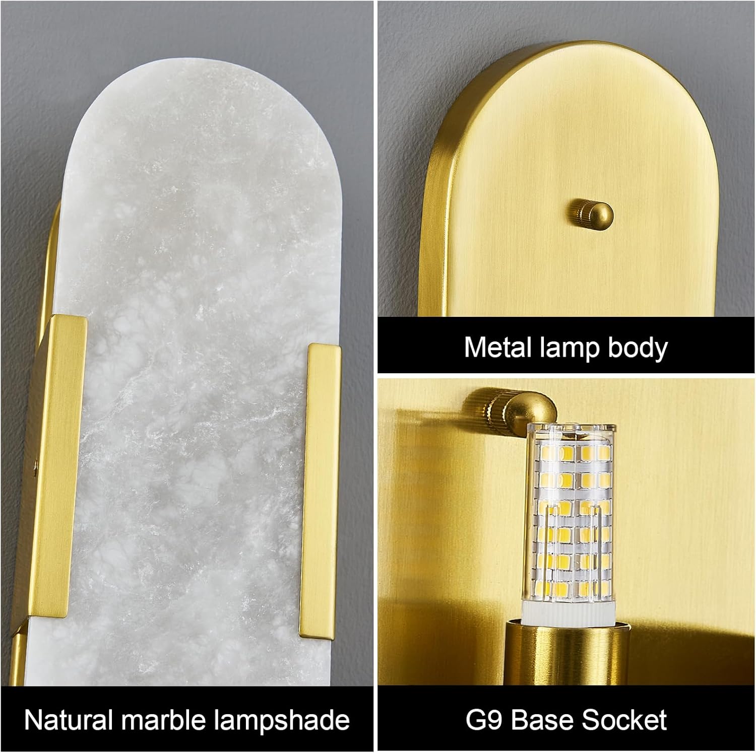 Brass Alabaster Wall Sconce, Modern Natural Marble Wall Sconces for Indoor Lighting, 13.8 in Gold Wall Lights for Bathroom Dining Room Stairs Bedroom (1-Pack)