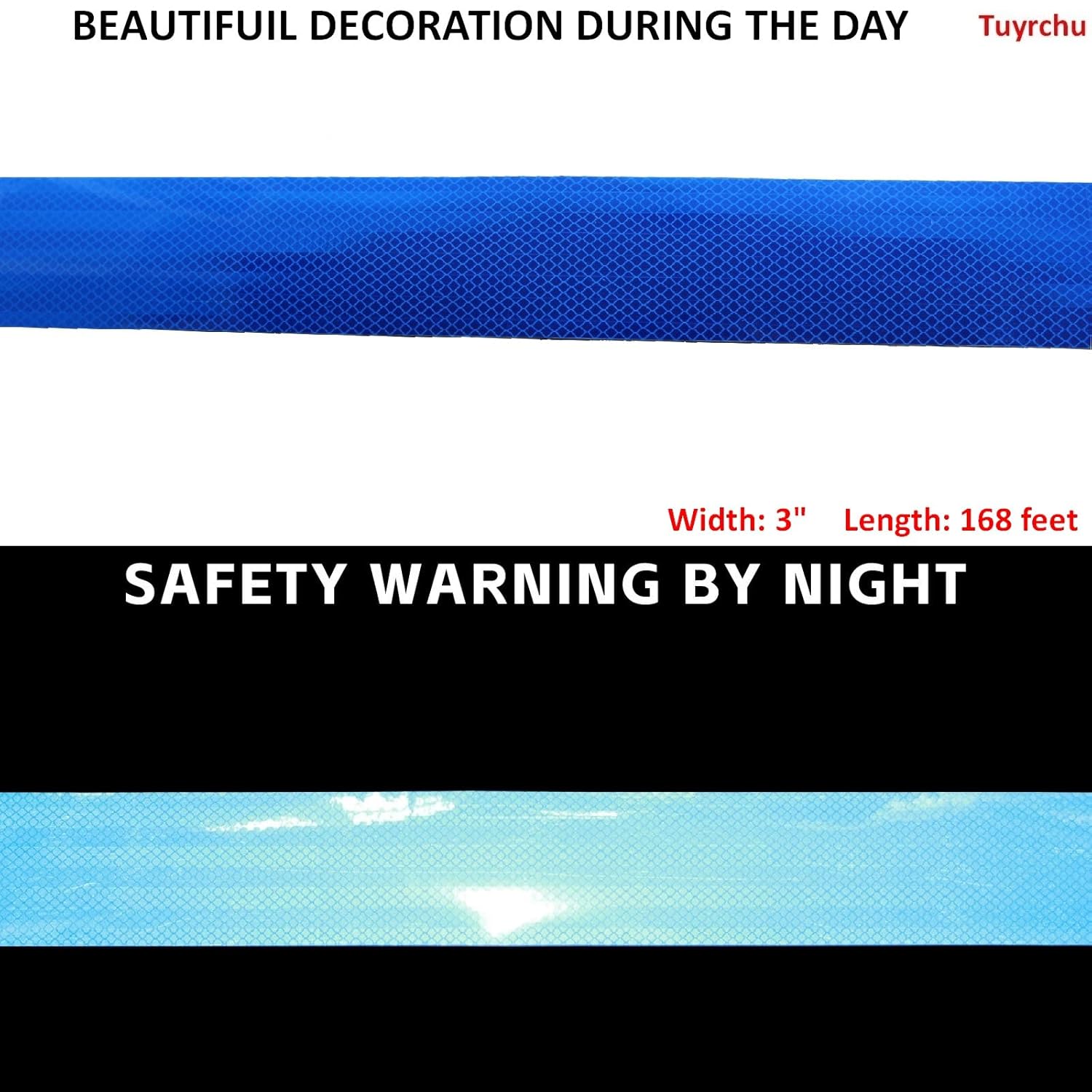 Non Fading Blue Reflective Tape 3 inch Wide, Outdoor Waterproof High Visibility Warning Industrial Marking Tape, Safety Stickers (168 feet)