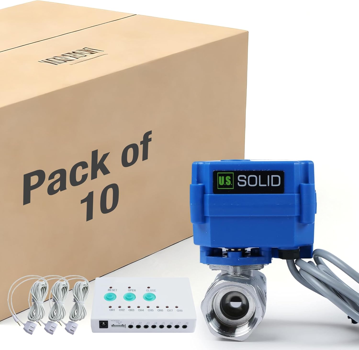 U.S. Solid Water Leak Detector - Water Alarm Leak Detect System with 3/4” Automatic Shut-Off Stainless Steel Motorized Ball Valve, Controller and 3 Sensors and Sound Alarm(Pack of 10)