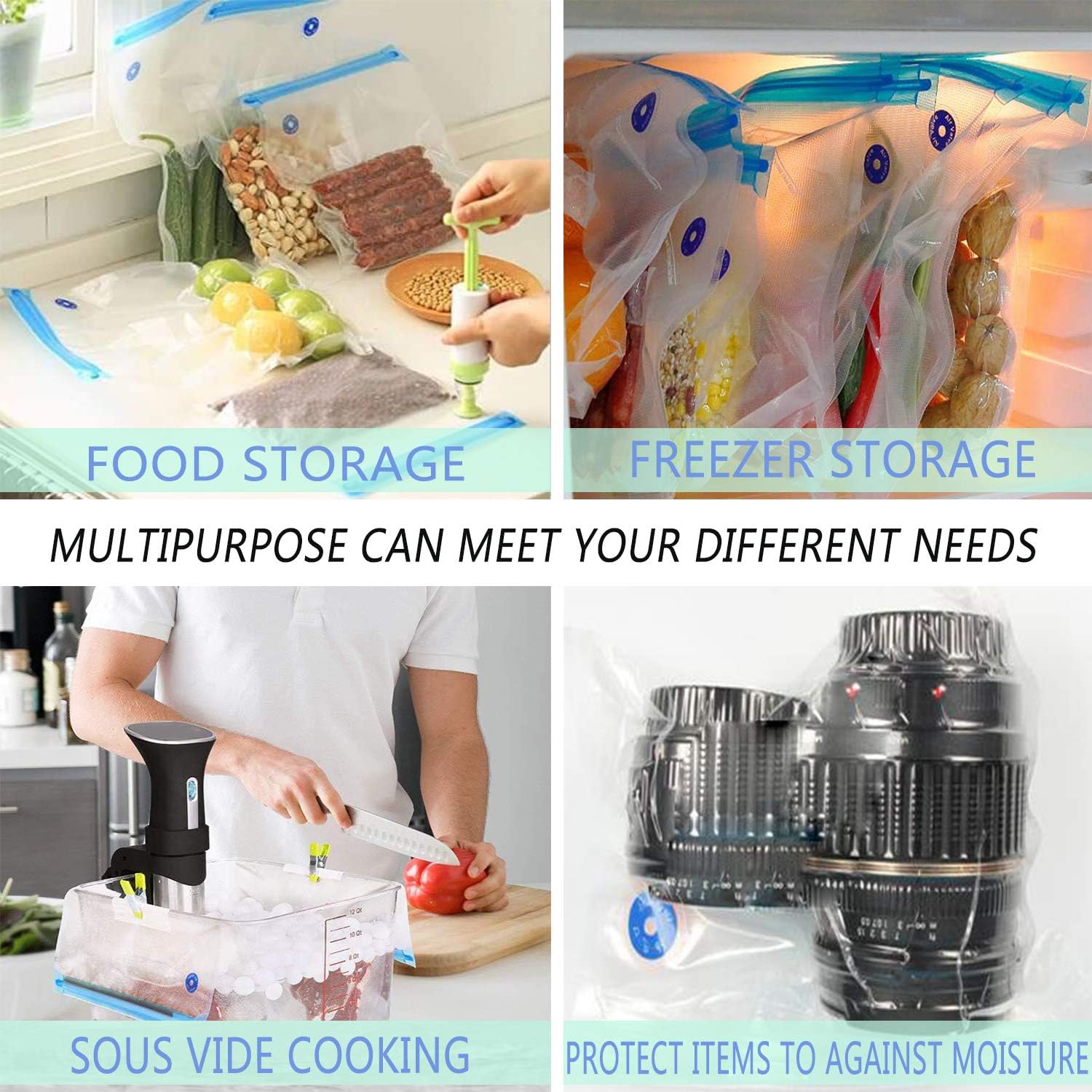 Reusable Sous Vide Bags 3 Sizes - 20 Pack with Hand Pump, Sealing Clips for Sous Vide Cooking and Food Storage (Blue Kit)