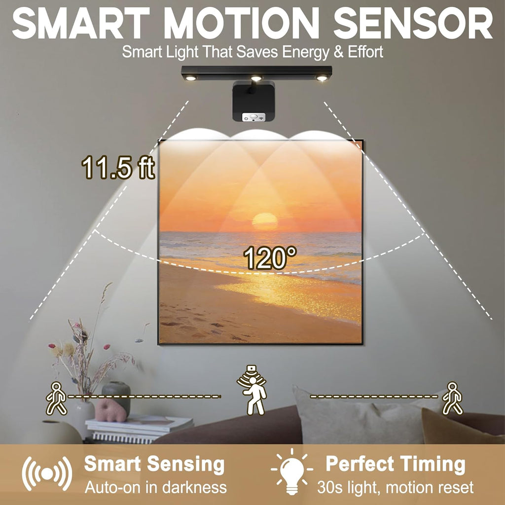 Motion Sensor Wireless Picture Lights for Wall, Dimmable Battery Operated Picture Light with Timer, Extendable Painting Light with Remote, 3 Color Temp, Rotatable Wall Art Light for Paintings