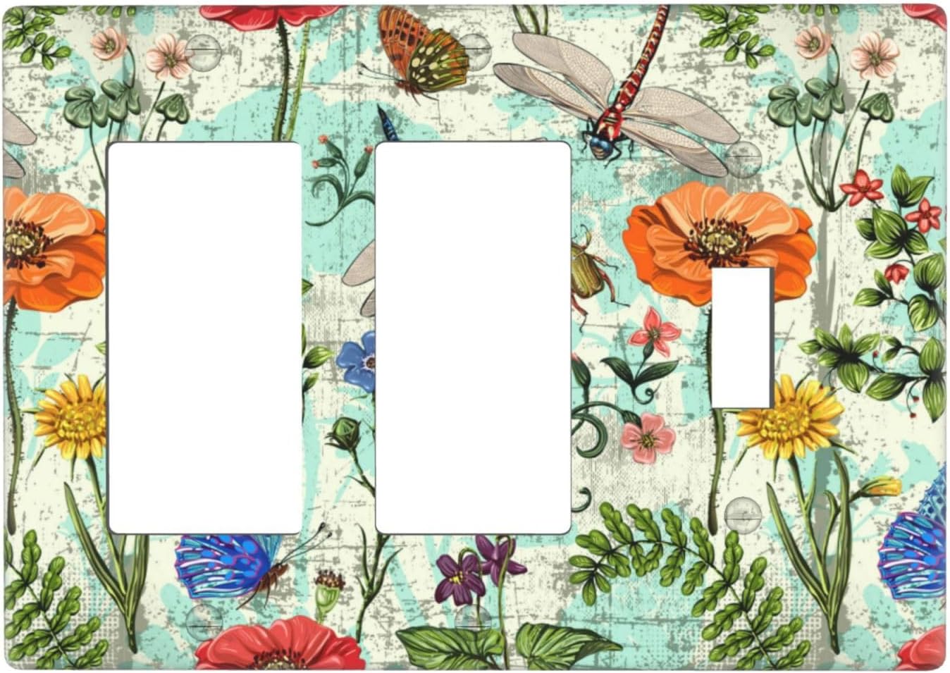 Dragonflies Flowers Butterfly 3 Gang Rocker Rocker Toggle Outlet Light Switch Cover Decorative Wall Plate Cover For Home Living Bedroom Kitchen Decorative