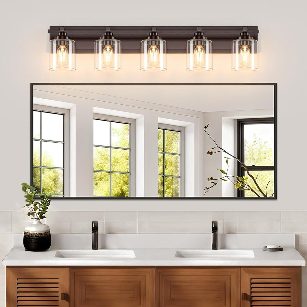 5 Light Modern Bathroom Light Fixtures Over Mirror, Bronze Finish Vanity Lights for Bathroom Wall Sconces with Clear Glass Shades, E26 Socket (Bulbs Not Included)