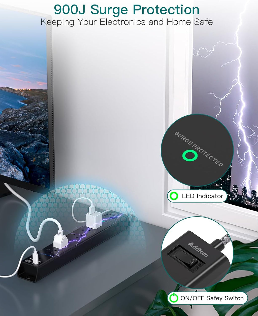 Short Extension Cord 2ft - Addtam Surge Protector Power Strip with 6 AC Outlets 4 USB (2 USB-C Ports), Flat Plug, 900J, Wall Mount, Outlet Extender for Home Office Dorm Room Essentials