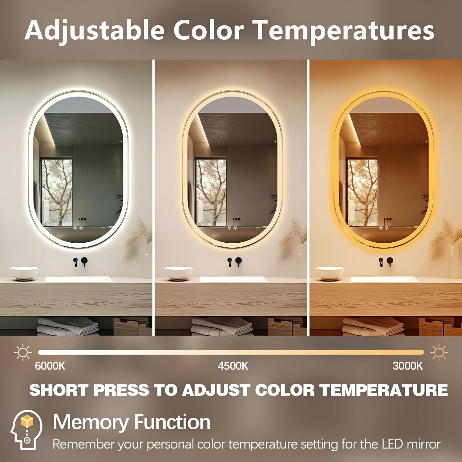 Niccy Oval LED Mirror for Bathroom, 48x30 Front Lit + Backlit Vanity Mirrors with Light Anti-Fog, Shatter-Proof, 3 Colors, Makeup Mirror with Old Gold Frame (Horizontal/Vertical)