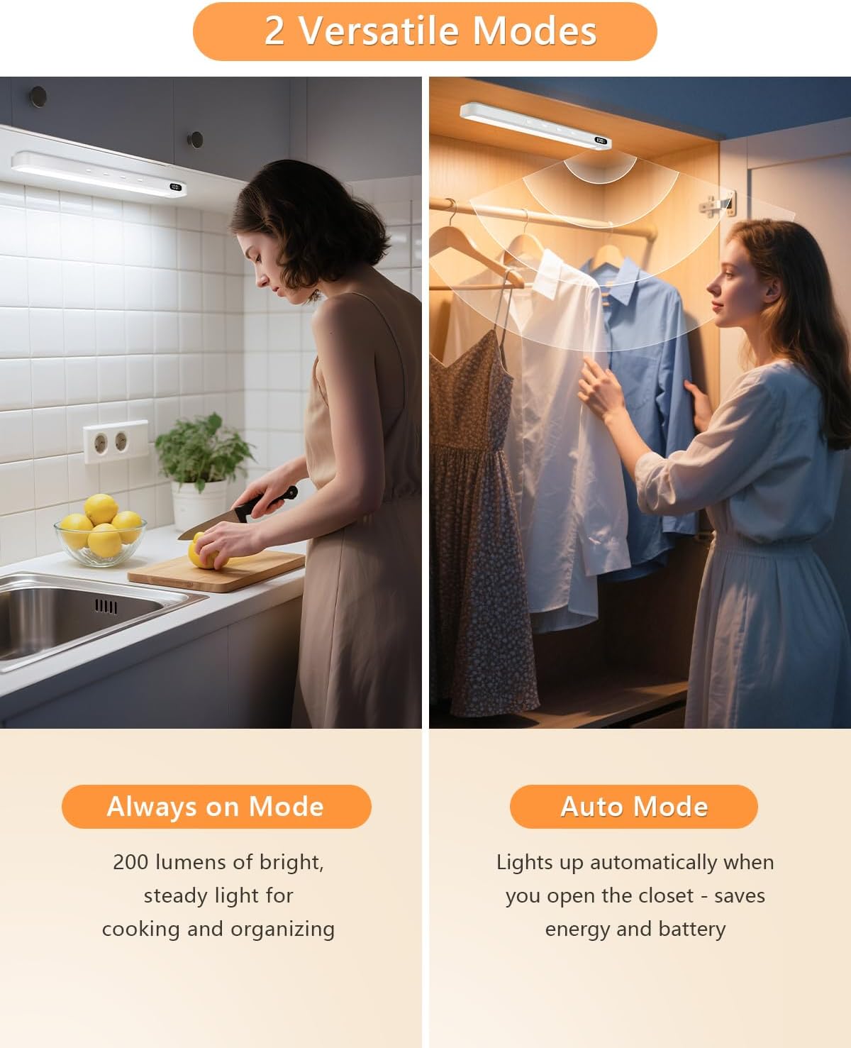 WILLED Under Cabinet & Closet Lights, Motion Sensor, Rechargeable, Magnetic, 3 Color Temps, Dimmable LED Light Bar for Indoor Kitchen Counter (2 Pack, White)