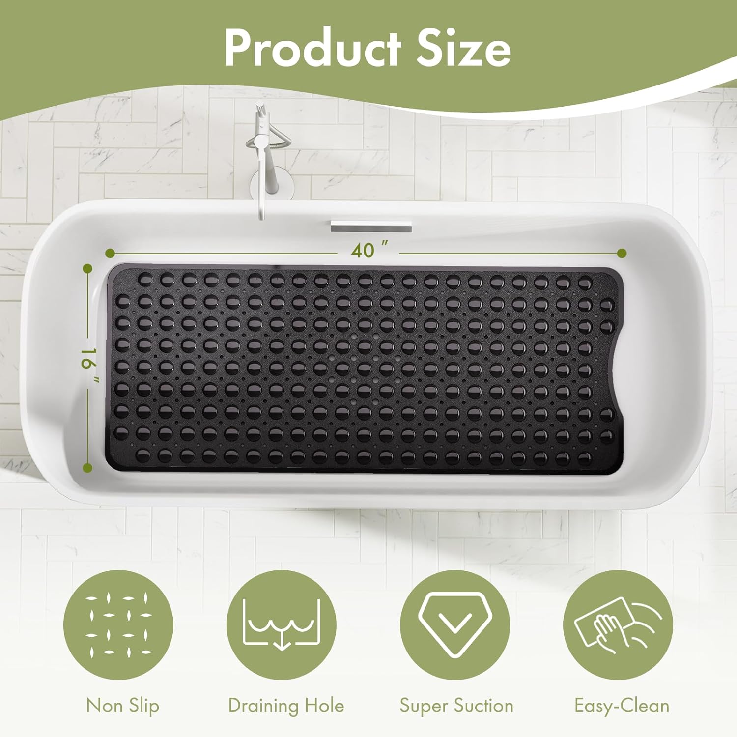AmazerBath Shower Mat Non Slip 40 x 16 Inches, Shower Stall Mats with Suction Cups and Drain Holes, Non Slip Bath Mat for Tub for Elderly & Kids, Clear Black