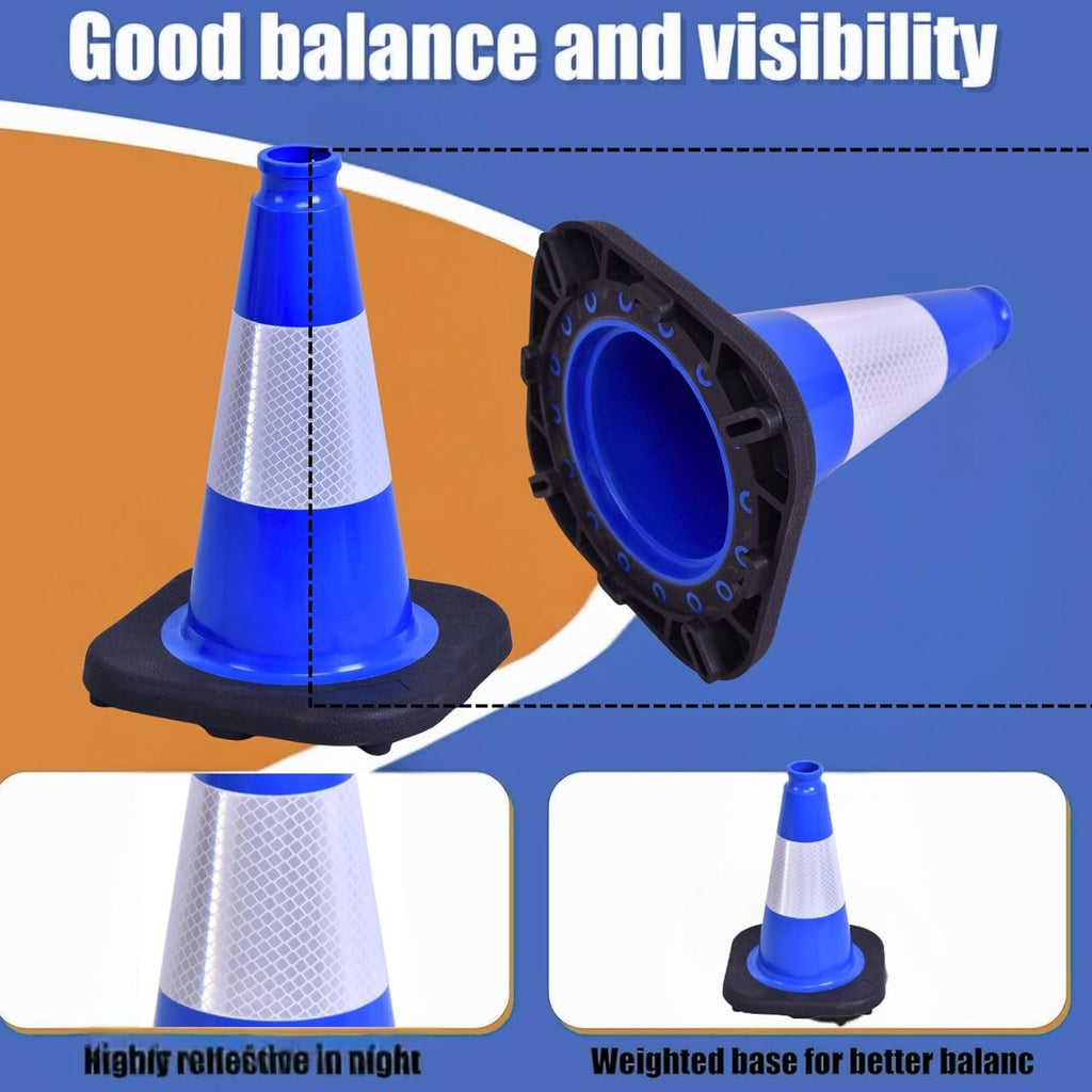 BESEA 6Pack 12 Inch Blue Traffic Cones with 4 Inch Reflective Collar, Heavy Duty PVC Safety Cones with 8.5 x 8.5 Inch Base for Parking, Driving Practice, Sports Training, and Construction