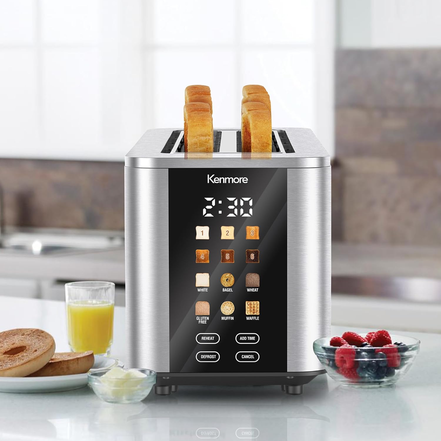Kenmore 4-Slice Long Slot Toaster | Color Touch Screen & 6 Shade Settings | Extra Wide Slots | Digital Timer | Customizable Smart Presets | Reheat, Defrost, Add Time Functions | Stainless Steel