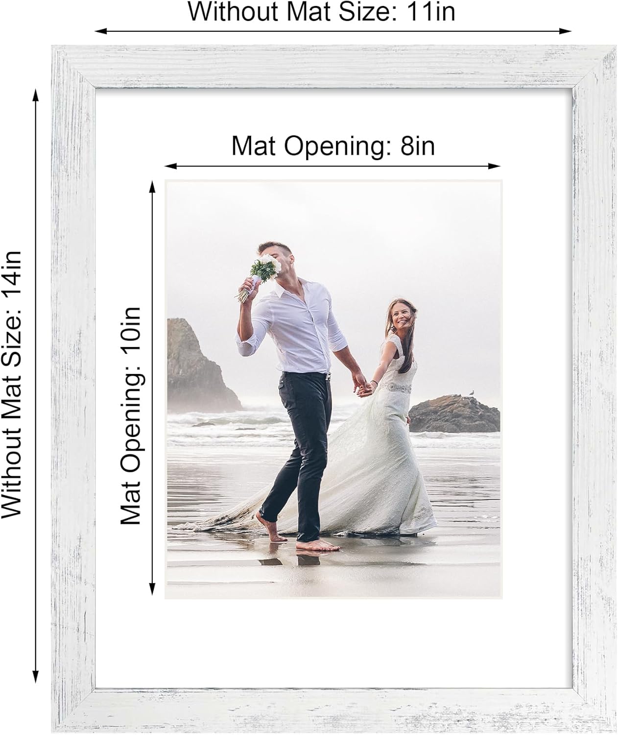 iRahmen 11x14 Picture Frame Set of 4 with Tempered Glass, Distressed White Frame Display 8x10 Picture with Mat or 11 x 14 Without Mat, Wood Rustic Photo Frames for Horizontal or Vertical Wall Mounting