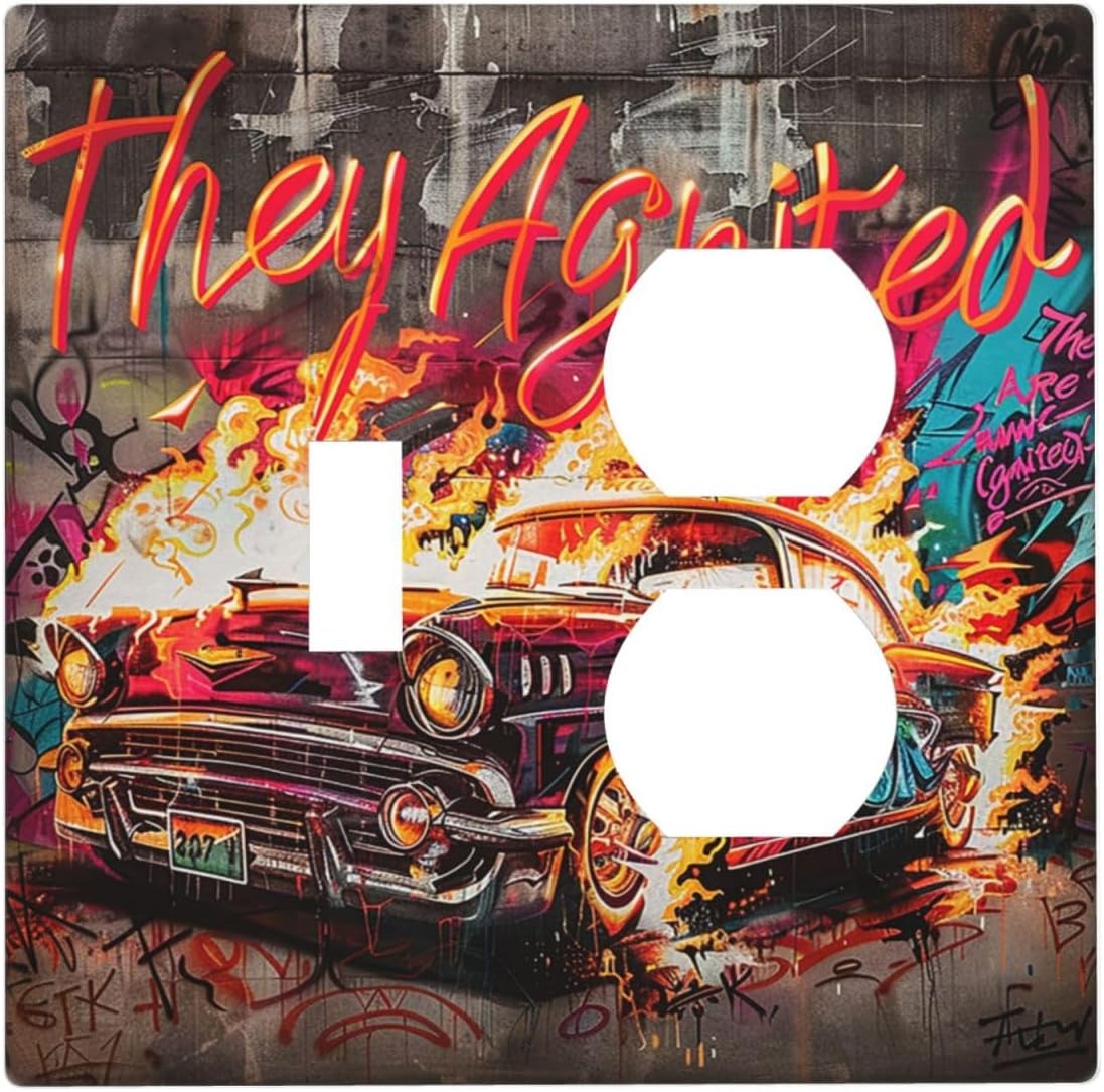 Wallplates Hip Hop Street Graffiti Flame Car 1 Toggle 1 Duplex Switch Plate Electrical GFCI Faceplate Decorative Light Switch Covers for Bedroom living Room Decor