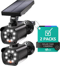 WALI Dummy Fake Camera, Security Camera with Motion Sensor Flood Light, Simulated Surveillance Security CCTV Dome Camera Indoor Outdoor (TCB2-SOL), 2 Packs, Black-Solar