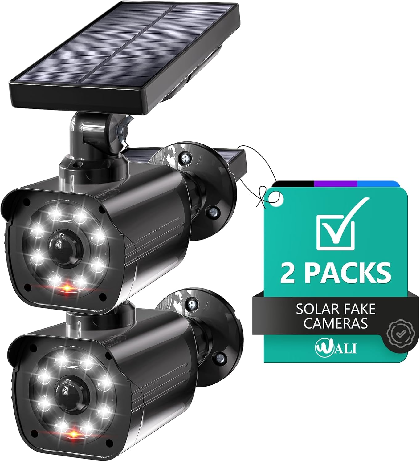 WALI Dummy Fake Camera, Security Camera with Motion Sensor Flood Light, Simulated Surveillance Security CCTV Dome Camera Indoor Outdoor (TCB2-SOL), 2 Packs, Black-Solar