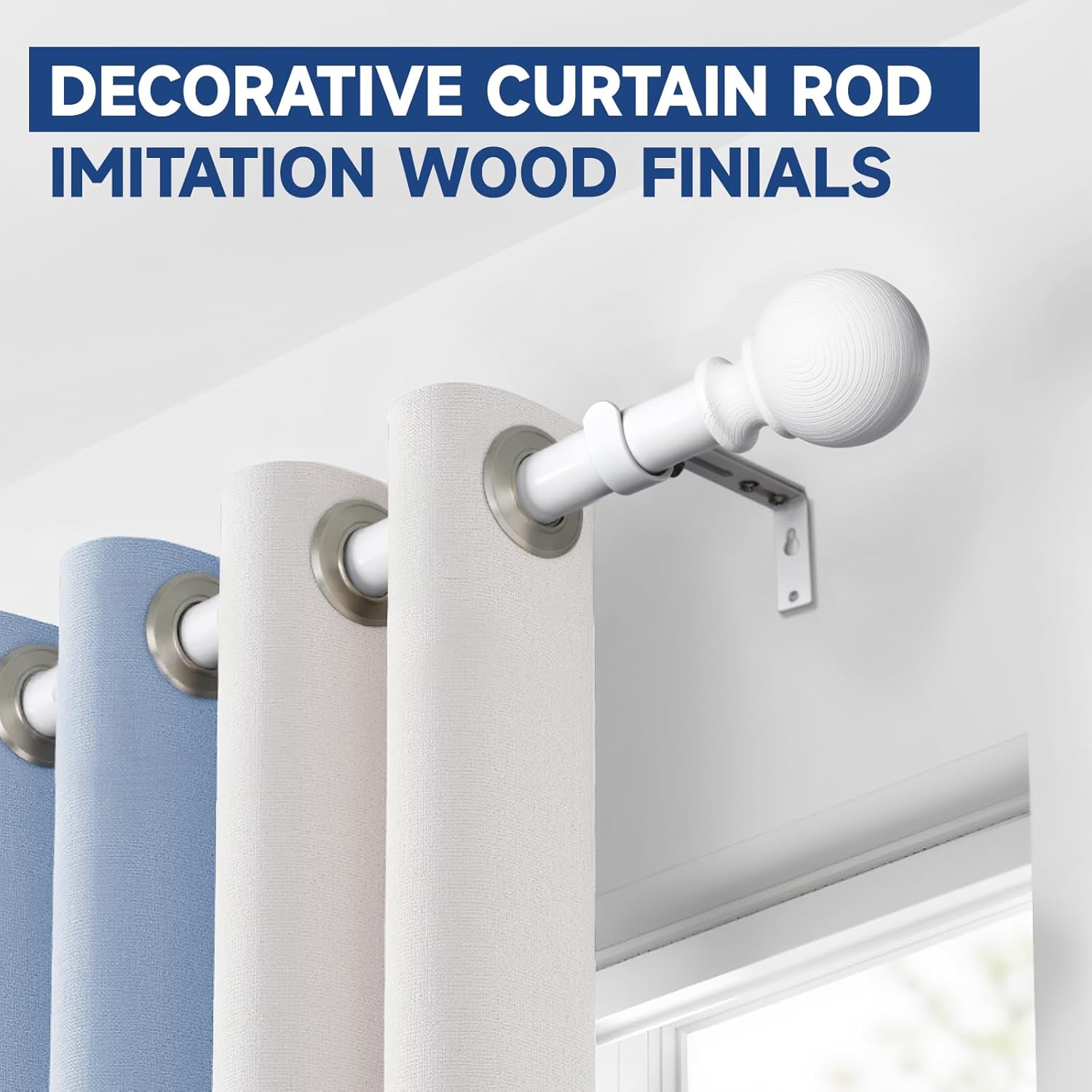 BRIOFOX White Curtain Rods for Windows 28 to 48 Inch(2.3-4ft)- 1'' Diameter Heavy Duty Curtain Rods with Imitation Wood Grain Pattern Finials,Adjustable Decorative Curtain Rods Sets,28-48''