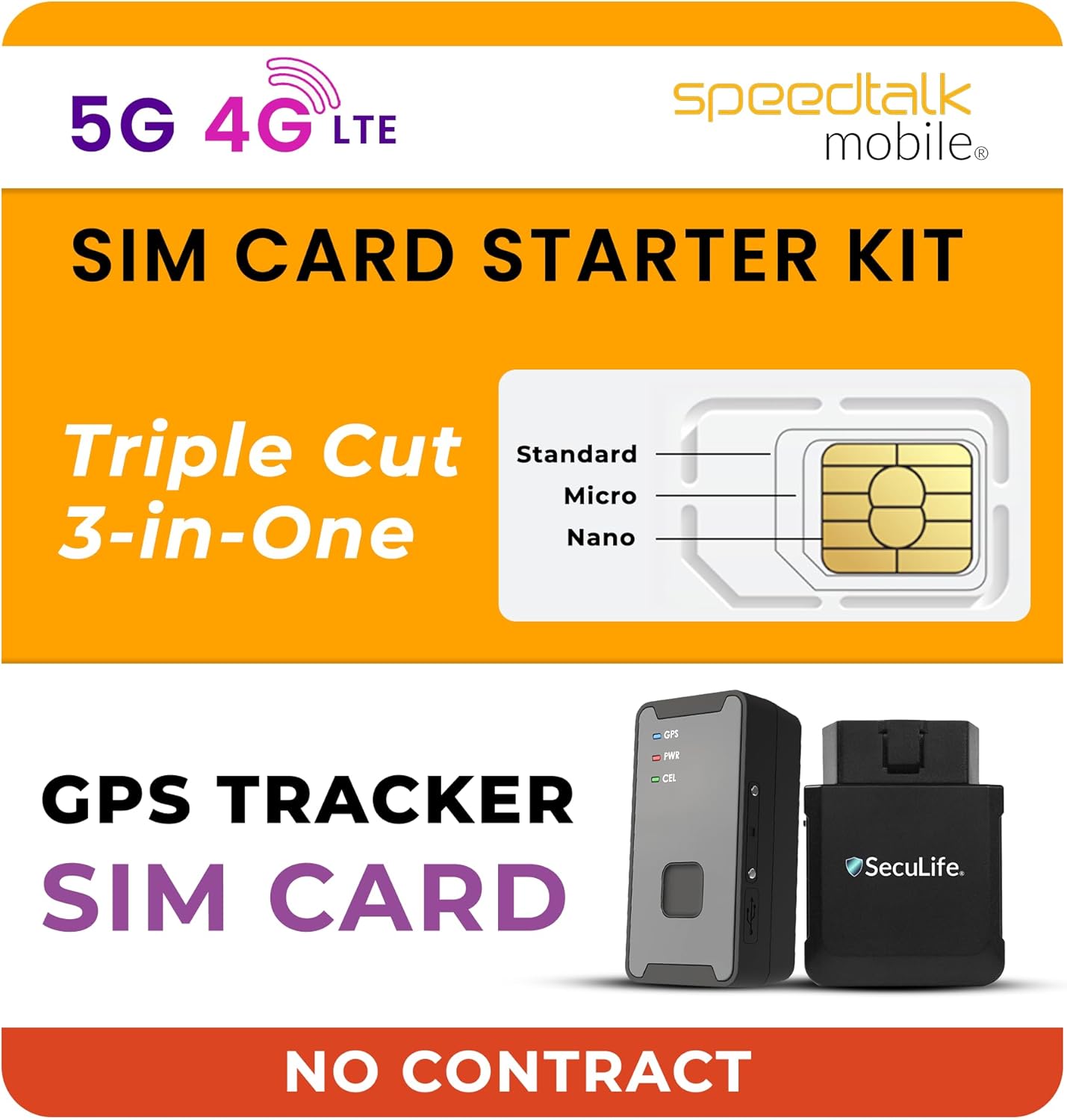 SpeedTalk Mobile GPS Tracker SIM Card Starter Kit | 3 in 1 Universal Simcard: Standard, Micro, Nano for Kids Senior Pet Car Fitness Activity 5G 4G LTE Tracking Devices | No Contract