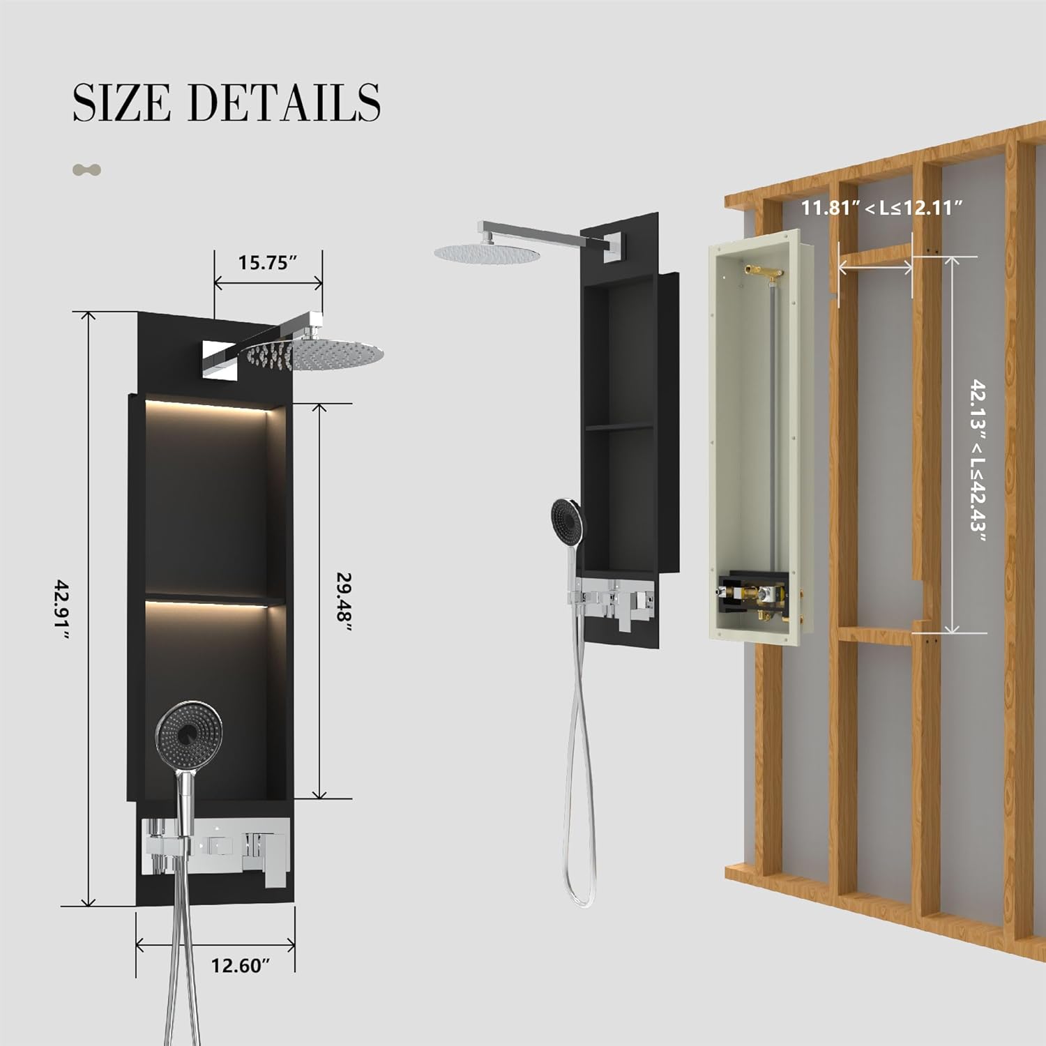Shower Niche System w/LED Lights, Bathroom Shower System w/ 304 Stainless Steel Wall Niche