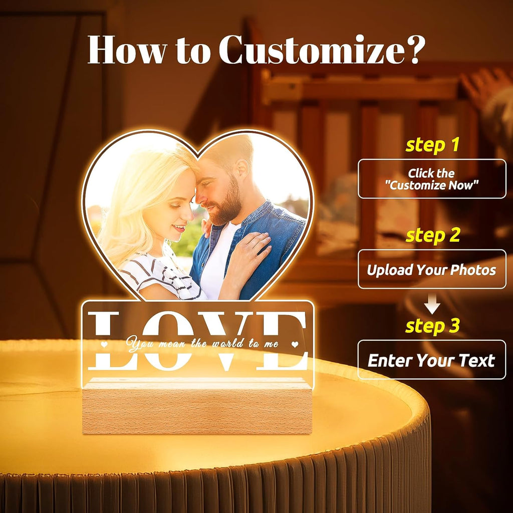 Personalized Picture Frame with Photo, Custom Photo Frame with Night Light, Customized Gifts for Girlfriend Boyfriend, Personalized Anniversary Valentines Day Gifts for Women Men Her Him Couple Wife