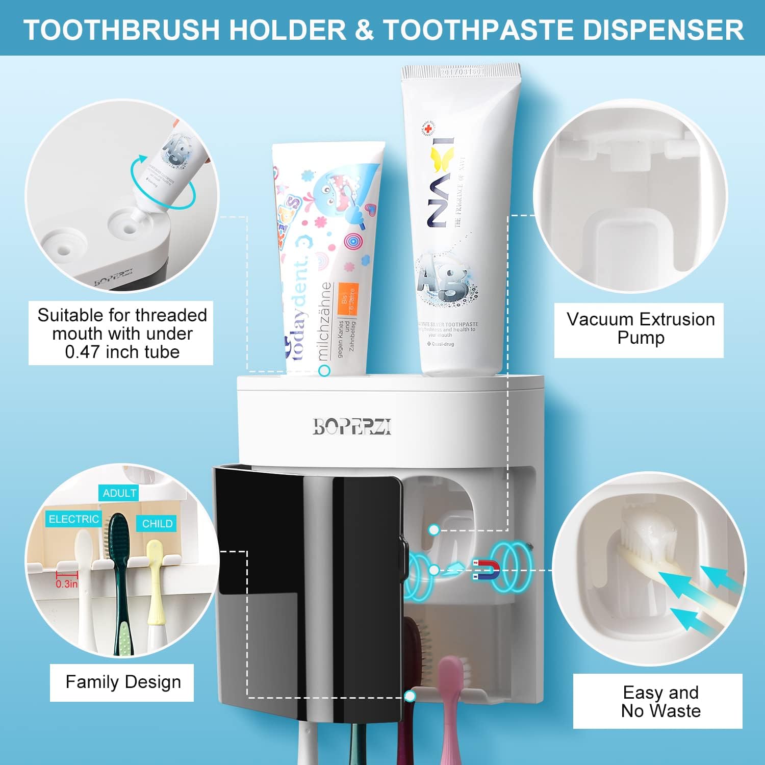 Boperzi Bathroom Razor Storage Holder and Toothpaste Dispenser Wall Mounted with Dustproof Cover, Black Toothbrush Holder Set for Mirror Shower with 2 Toothpaste Squeezers(No Electric, No Light)