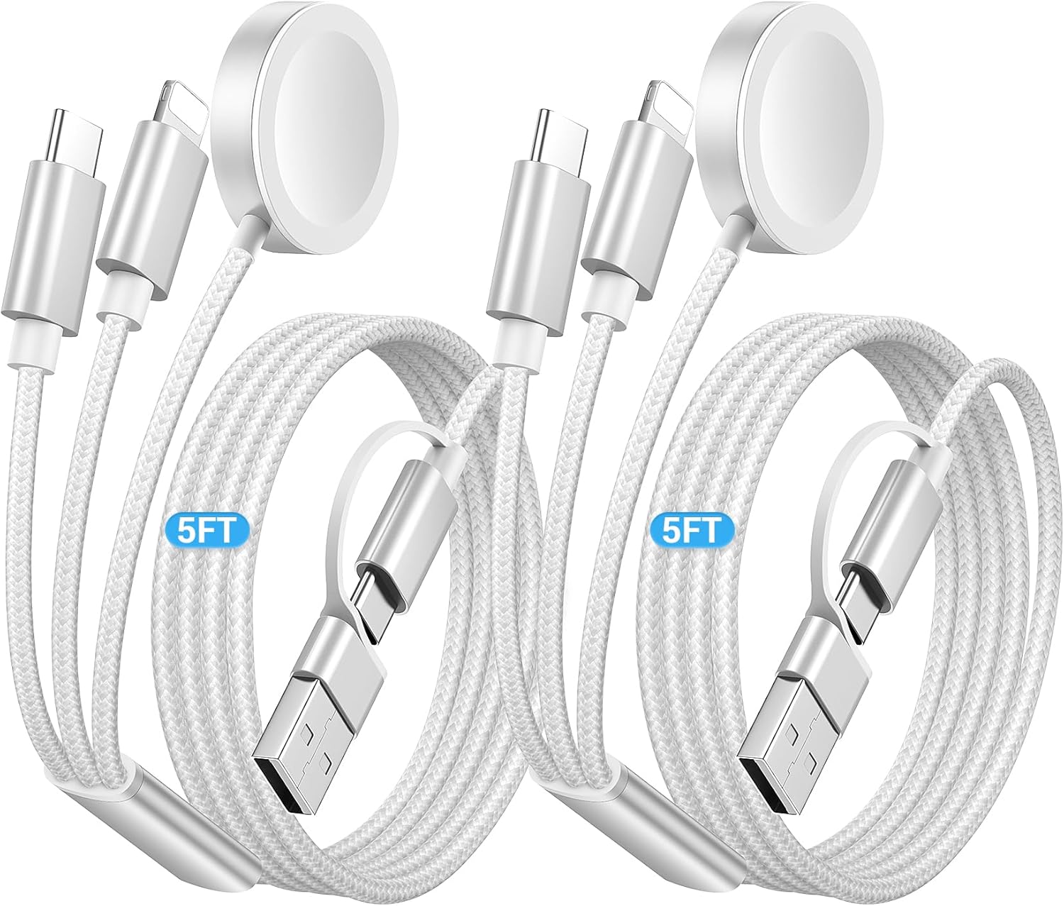 Temdan 2Pack for Apple Watch Charger, 3 in 2 Multi Charging Cable, iPhone Charger, USB A/Type C/Lightning Cable, Portable Travel Essentials Designed for iWatch Ultra/SE/11-1 & iPhone 17-12/ iPad-5Ft