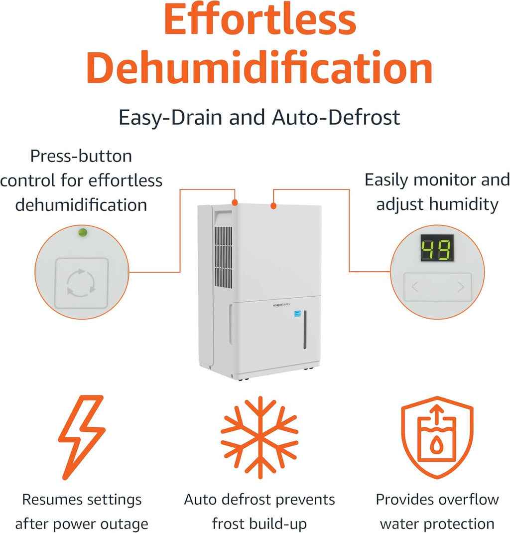 Amazon Basics Large Dehumidifier for Rooms, Energy Star Certified, Effectively Reduces Humidity, With Continuous Drain Pump, Timer, Auto-Defrost, Overflow Protection, up to 4000 SFT, 50 Pint, White