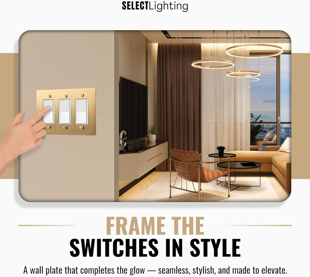 3-Gang Satin Brass Wall Plate, Electrical Receptacle Wall Outlet Faceplate, GFI/Rocker Decorator Light Switch Cover
