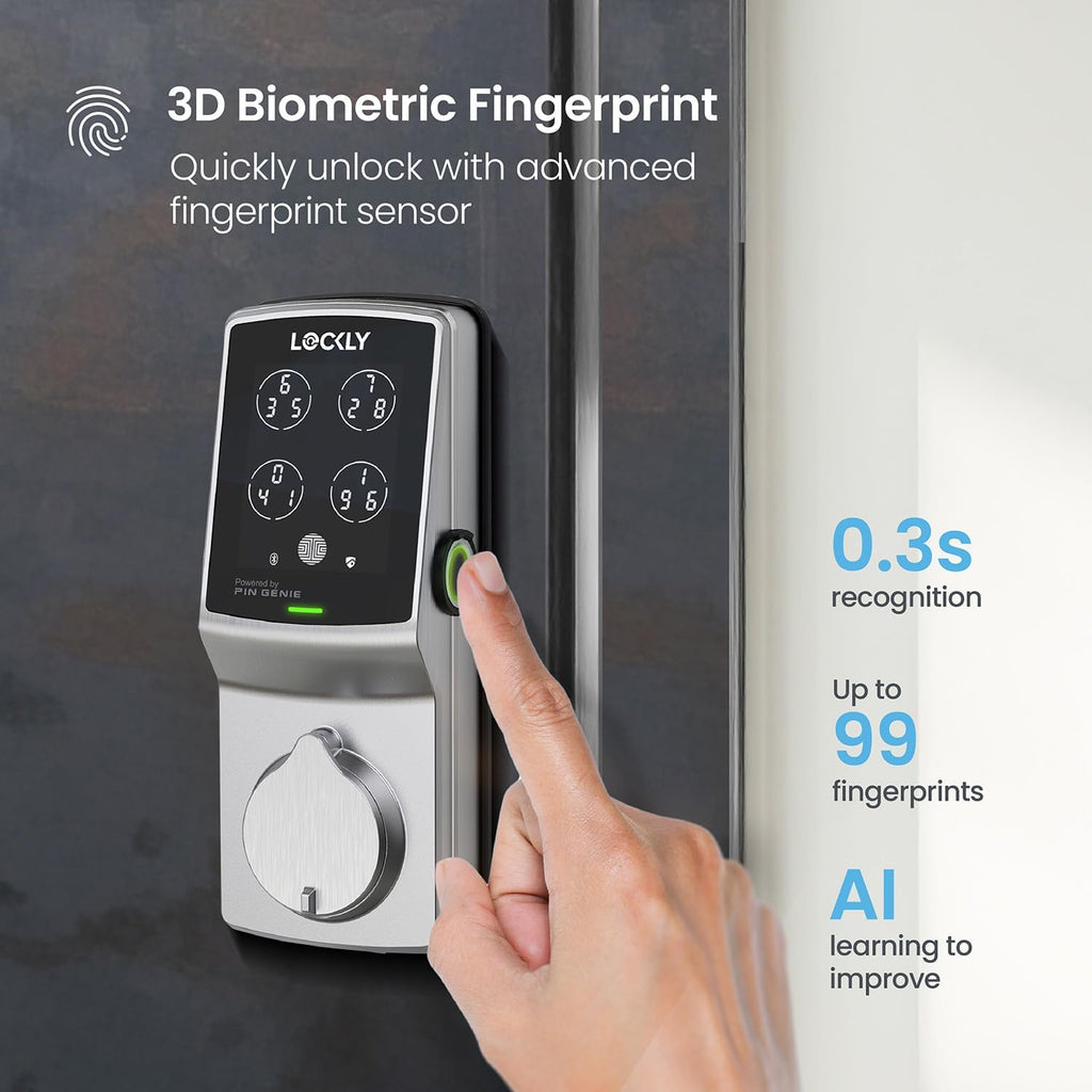 Lockly Secure Pro Smart Deadbolt, Wi-Fi Smart Lock, Keyless Entry with PIN Genie® Keypad, 3D Biometric Fingerprint, Auto Lock, Rekeyable-Satin Nickel