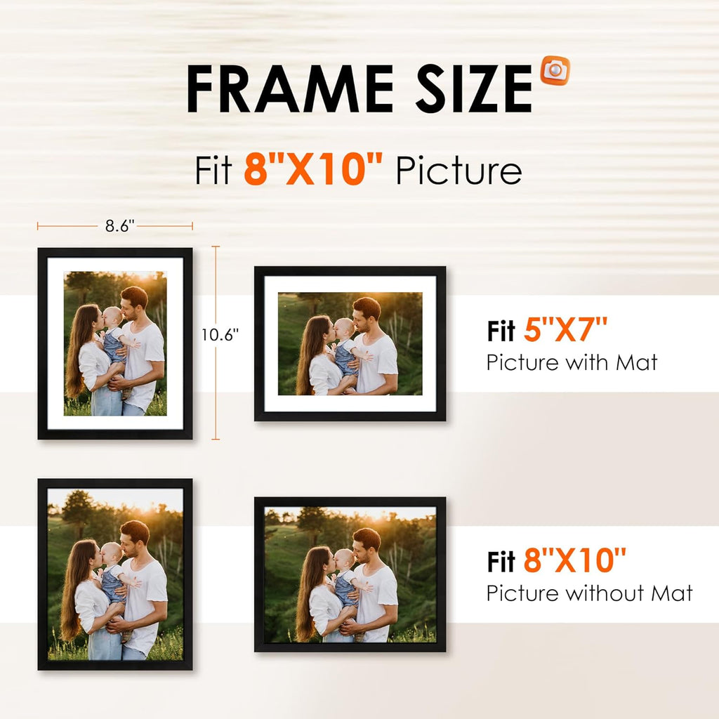 FIXSMITH 8x10 Picture Frame 1 Pack, Photo Frame with HD Plexiglass, Display Pictures 5x7 with Mat or 8x10 Without Mat, Picture Frames Collage for Tabletop or Wall Display, Black