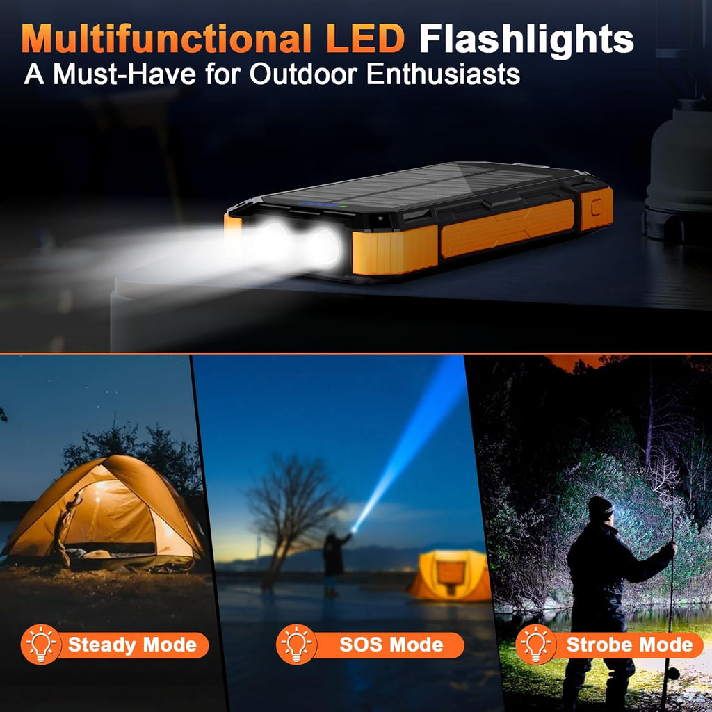 WONGKUO Solar Charger Power Bank - 49800mAh Solar Phone Charger with USB-C in/Output, QC 3.0 Fast Charging with LED Flashlight, Built-in 4 Cables, IP65 Waterproof Fits for Outdoor (Matte Orange)