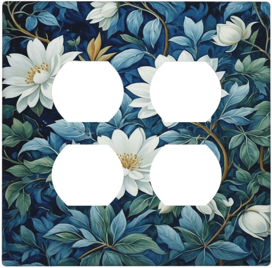 Decorative Outlet Covers Rustic White Floral Flowers Green Blue Leaves 2 Gang Wall Plate Double Duplex Light Switch Cover Switch Plate Covers Faceplate for Bedroom Home Decor