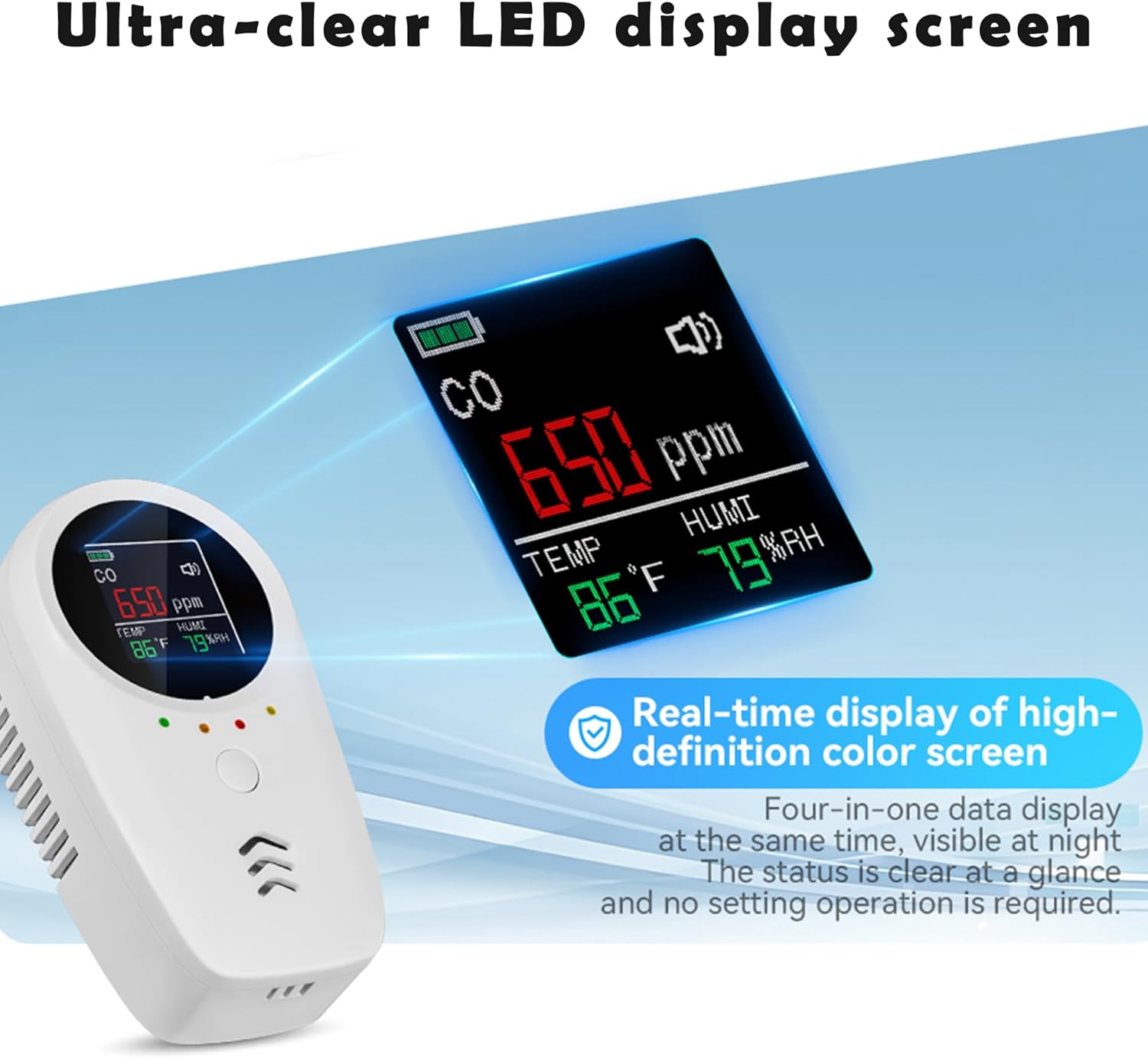 3PCS 5-in-1 Rechargeable Carbon Monoxide & Natural Gas Detectors with Temperature/Humidity LCD Display & 2000mAh Lithium-ion Battery, Portable Plug in Co Detector for Home Travel RV Essentials