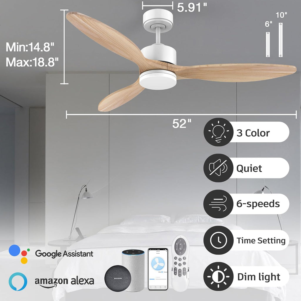 cumilo 52 Inch Smart Wood Ceiling Fans with light and Remote,Quiet DC Motor,Dimmable,Control with Alexa Google Voice App WIFI,Outdoor Indoor Modern Ceiling Fan for Bedroom Patio