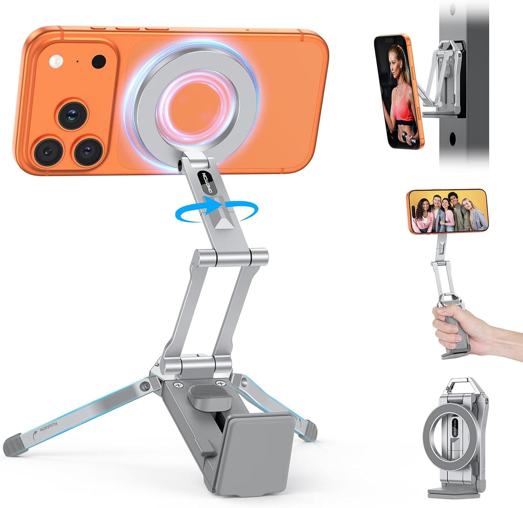 OMOTON 360°Rotating for MagSafe Tripod Mount, Adjustable Aluminum Magnetic Phone Tripod for iPhone 17/16/15/14 Pro Max Air, Foldable Cell Phone Stand Fits Vlog, Gym, Travel Essentials, Silver