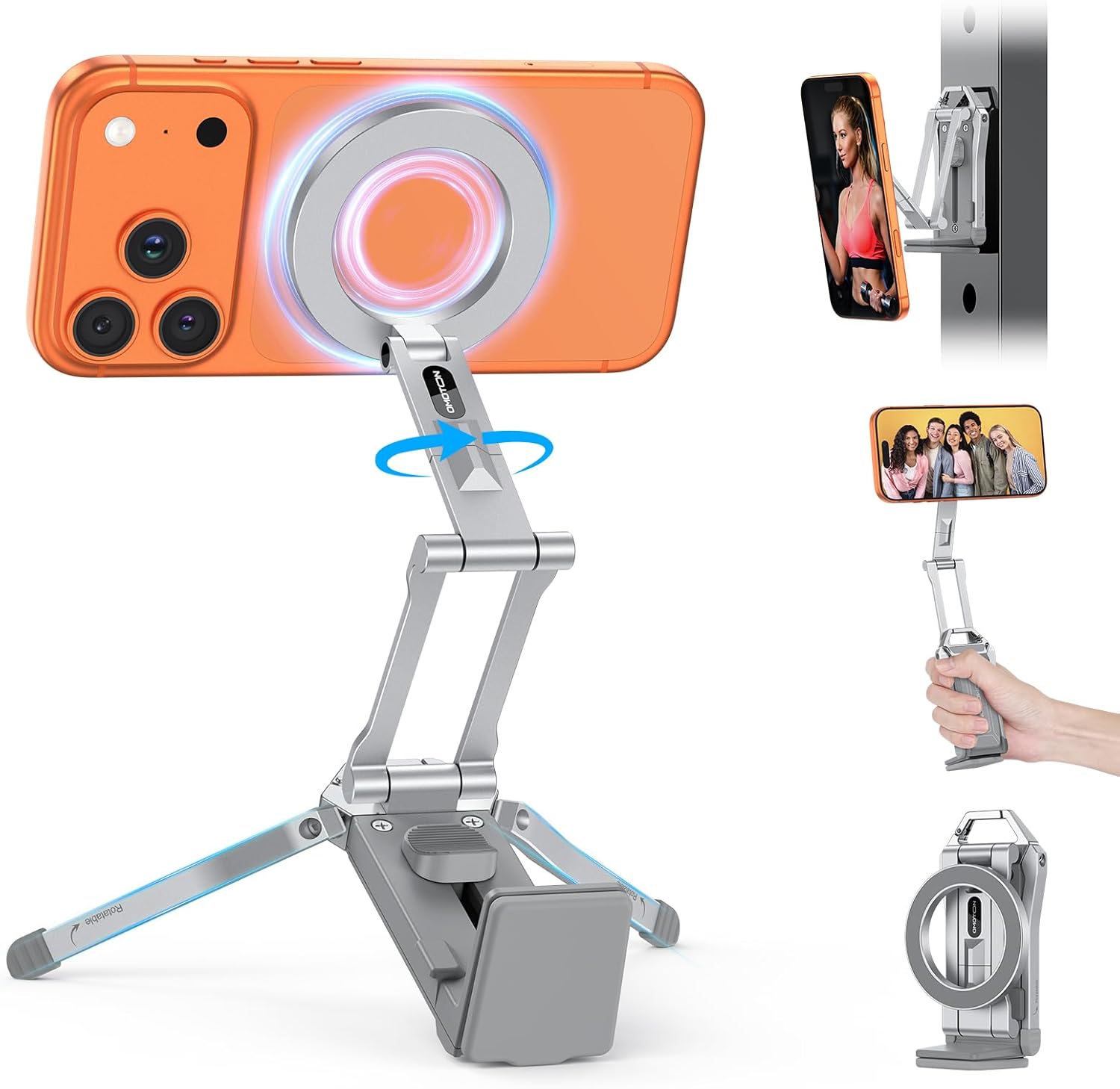 OMOTON 360°Rotating for MagSafe Tripod Mount, Adjustable Aluminum Magnetic Phone Tripod for iPhone 17/16/15/14 Pro Max Air, Foldable Cell Phone Stand Fits Vlog, Gym, Travel Essentials, Silver