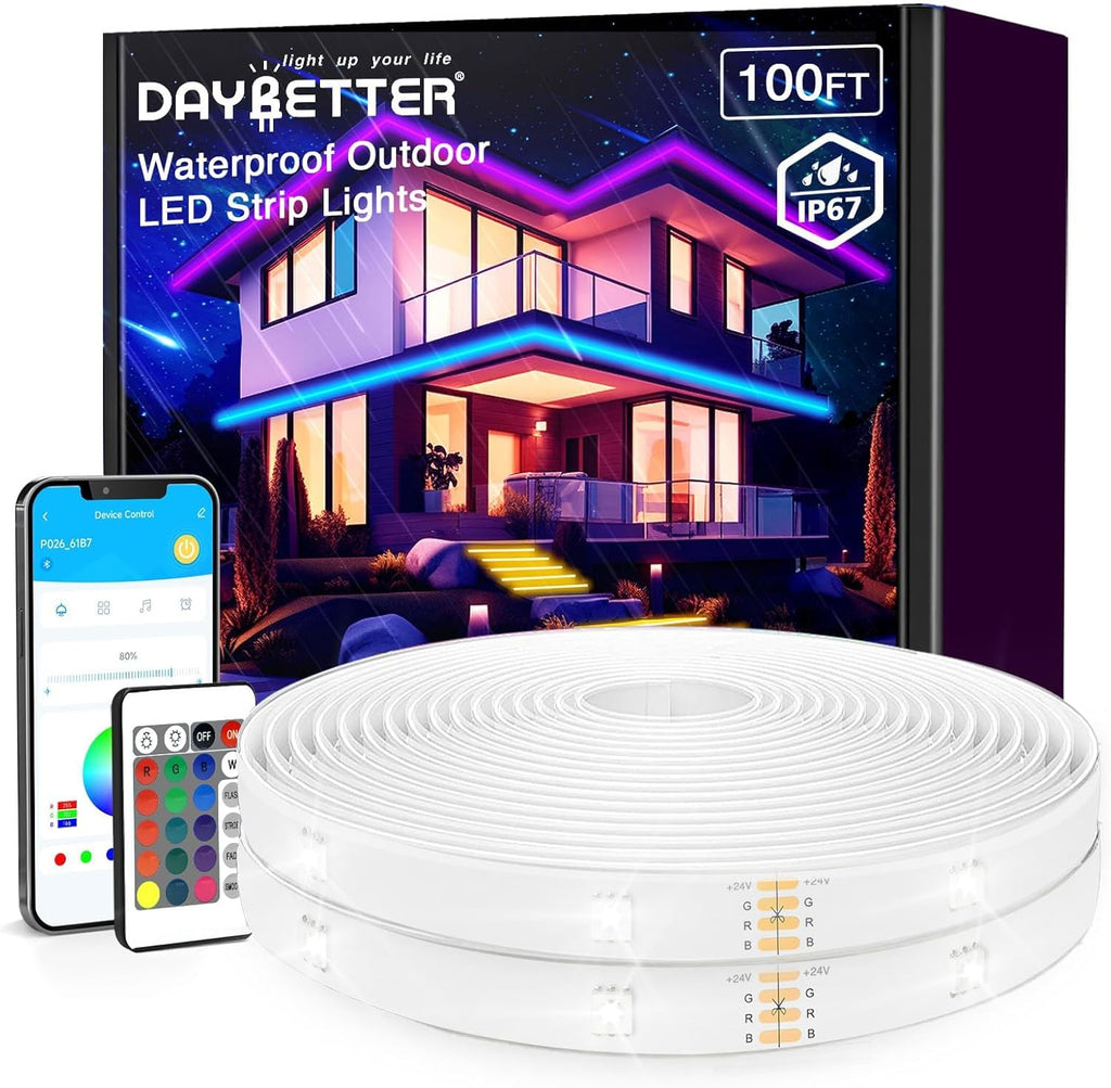 Outdoor LED Strip Lights Waterproof 100ft, IP67 Waterproof LED Light Strips with Remote, Music Sync APP Control, RGB Color Changing LED Lights for Eaves, Roof, Pool, Patio, Outdoor Decorations
