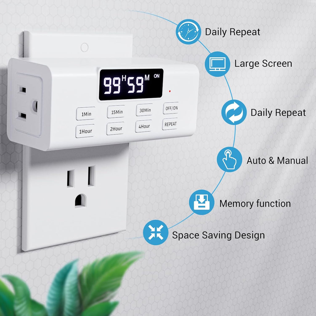 Countdown Timer Outlet, Up to 99 Hours, Large Screen and Repeat Function, Inodoor Auto Shut Off Timers for Charger Light Vacation Security,Digital Timers for Electrical Outlets