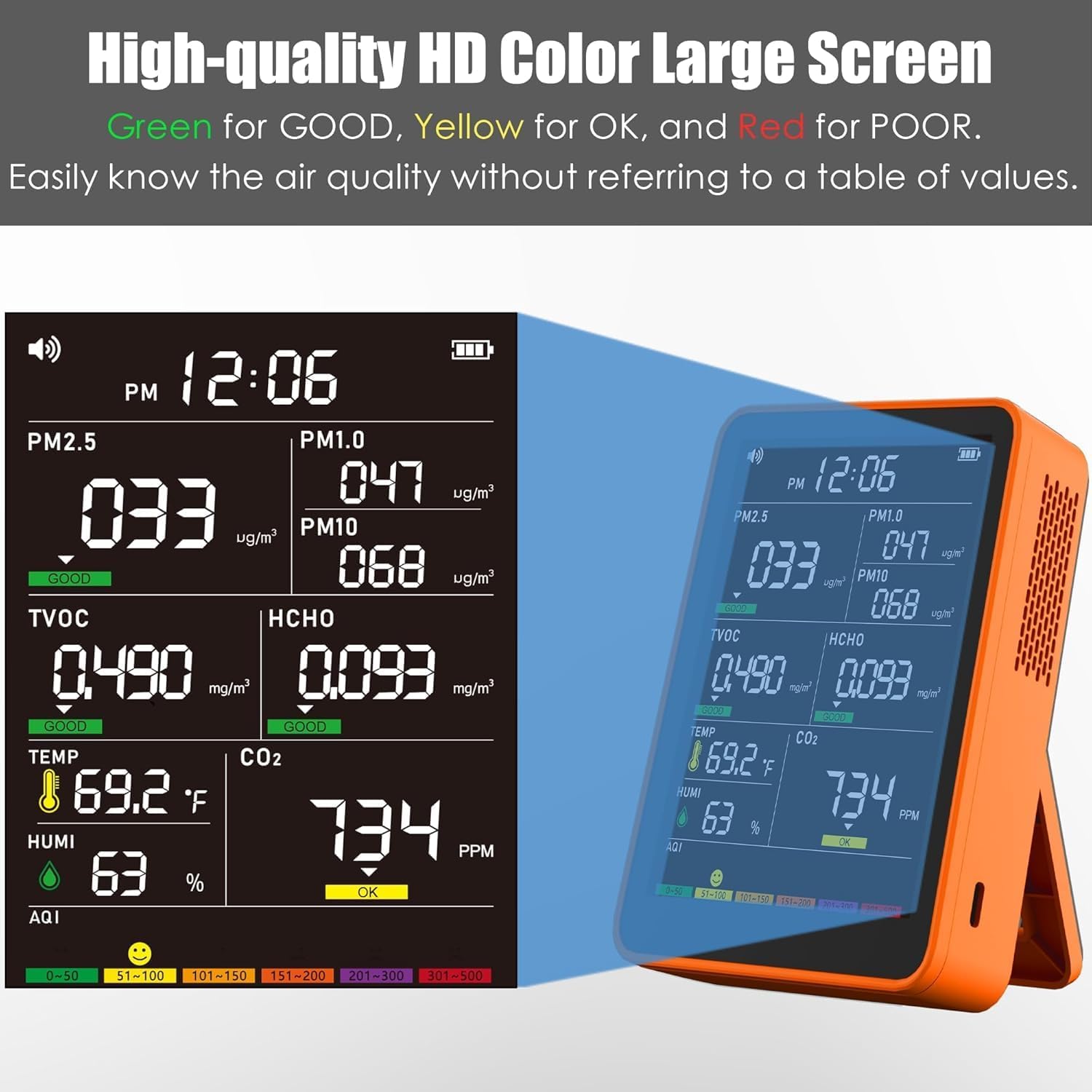 Professional Indoor Air Quality Monitor with AQI Beep Alarms, Portable Real-Time Detector for Home Cars Plants and Pets (Orange)