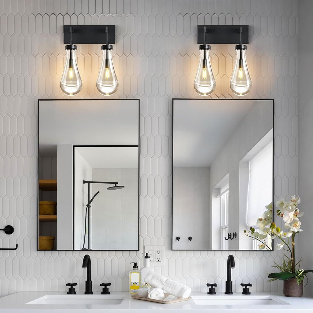 Raindrop Wall Sconces Black Crystal Sconces Wall Decor Modern Brass Lighting Glass Bathroom Sconces Indoor Vanity Light Wall Lamp for Bedroom Living Room Stair(2-Light)