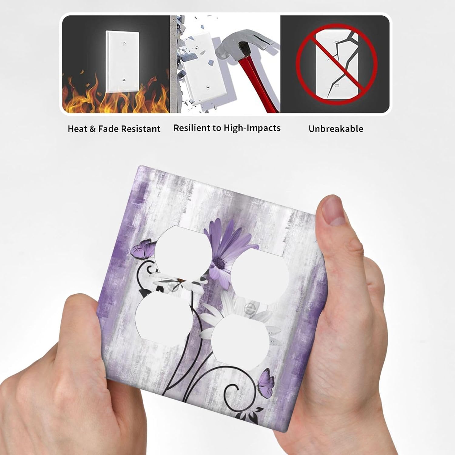Decorative Outlet Covers Rustic Purple Daisy Grey Flowers 2 Gang Wall Plate Cover Double Duplex Receptacle Two Switch Light Switch Cover Plate Jumbo Dual Faceplate for Home Decor