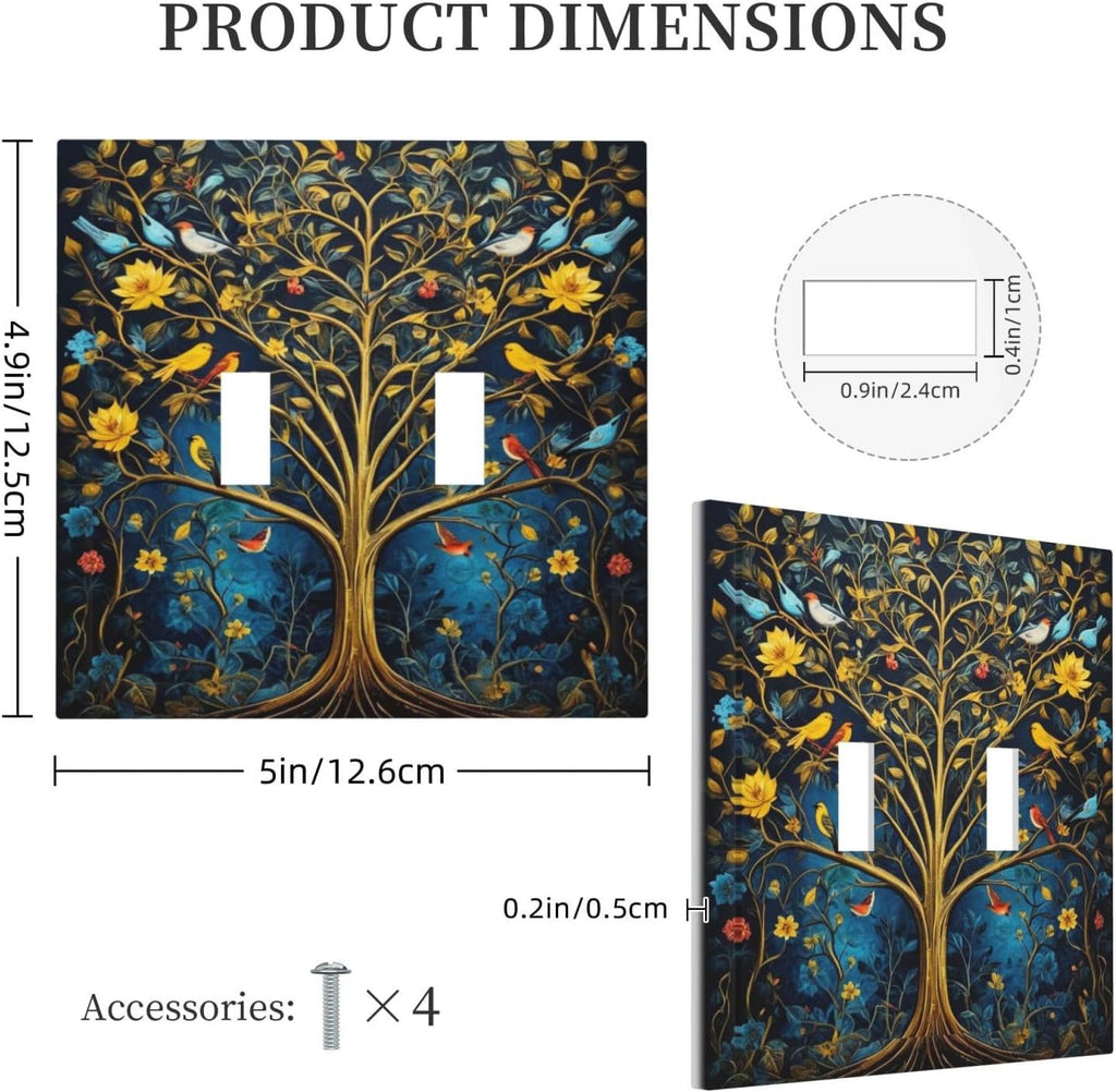 Gold Tree With Birds Flowers on Branches Light Switch Covers Double Toggle 2 Gang Wall Plate Dual Decorative Switchplate Electrical Faceplate for Farmhouse Decor