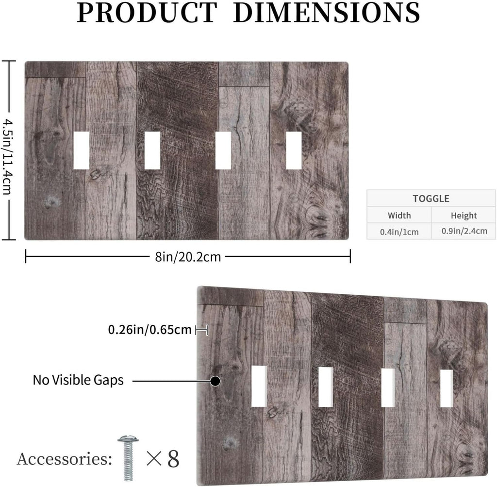 Light Switch Covers Rustic Dark Grey Wood Retro Country Wooden Quad Toggle Electrical Faceplate 4 Gang Wall Plate Decorative Switch Plates for Farmhouse Cabin Decor