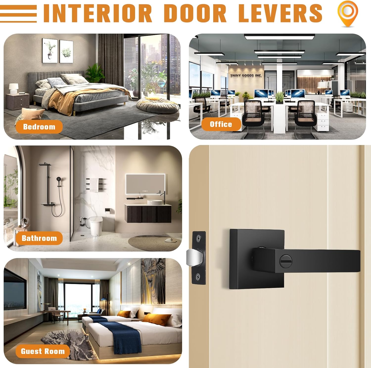 Probrico 4 Pack| Matte Black Square Privacy Door Levers Bed Bath Door Handles, Heavy Duty Interior Keyless Door Locks for Left or Right Sided Doors
