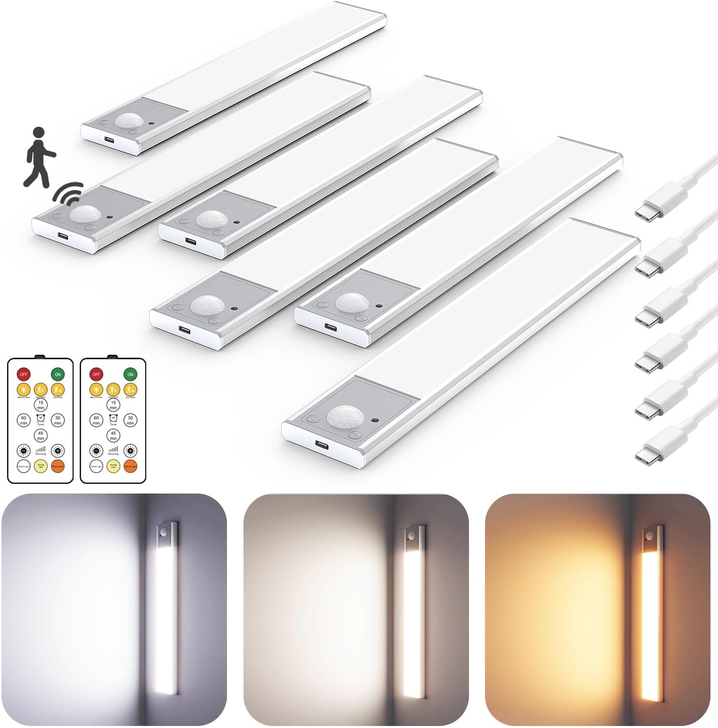 8" Ultra-Thin Under Cabinet Lighting Wireless, Aluminum Alloy Under Counter Lights for Kitchen, 3-Color-Temps Magnetic Closet Lights, Rechargeable Motion Sensor Light Indoor (6 Pack, Silver)
